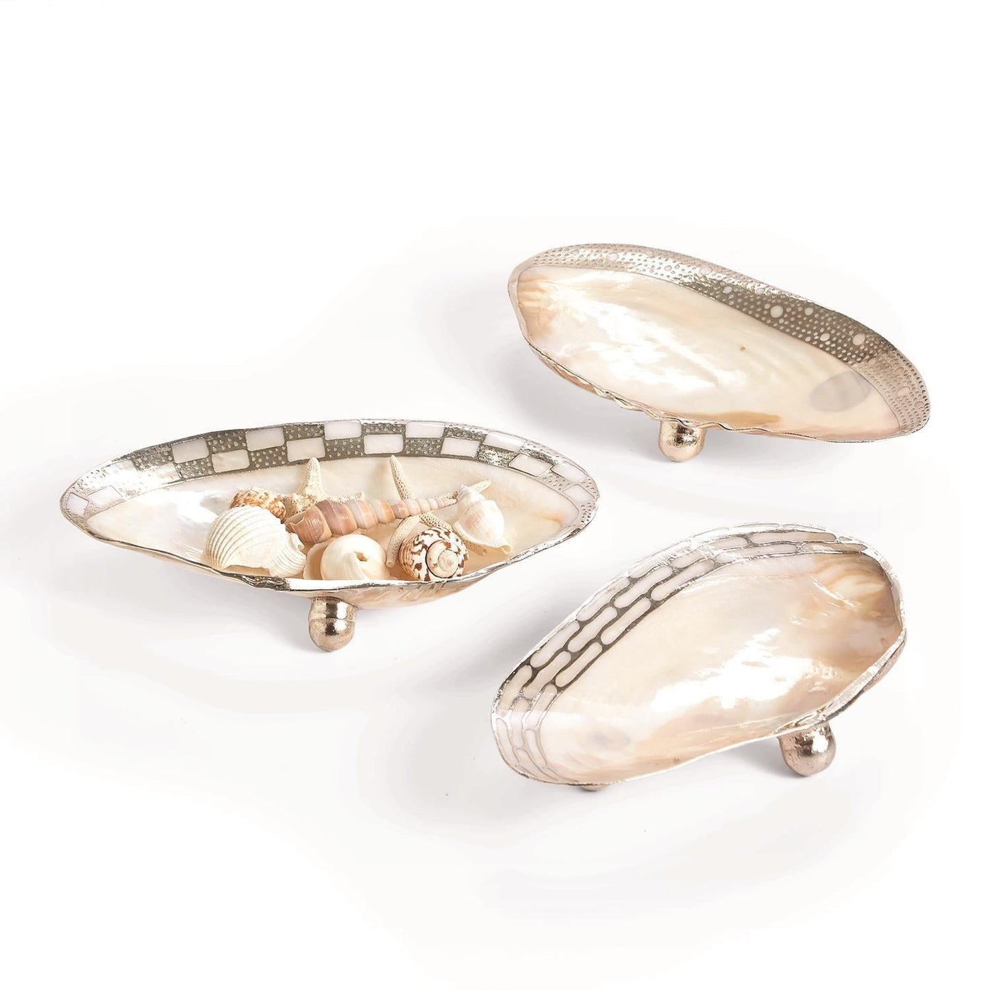Design Shop Ornamented Cabebe Shell Footed Dish W/Silver Plated Trim Asst 3 Designs